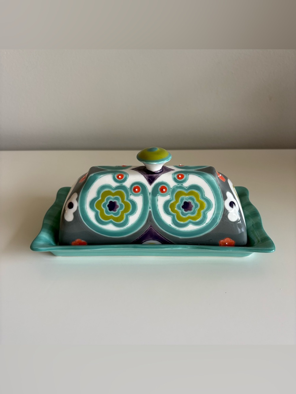 Anthropologie Okuno Hand Painted Floral Ceramic Butter Dish Teal Boho